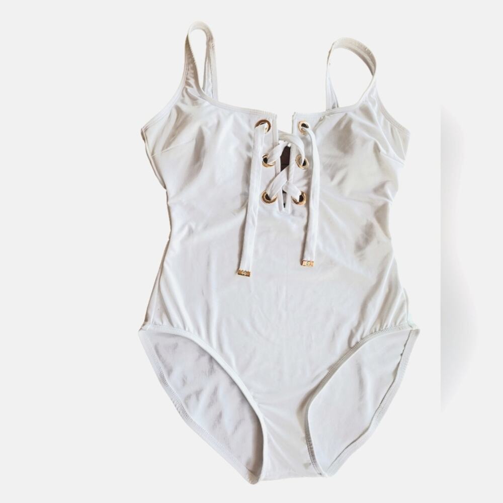 Michael Kors Bikini 14 Tall Summer Beach Stretch Full Lace Up Bathing Suit White